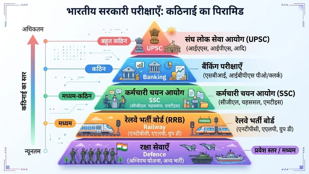 government exam difficulty level pyramid in India Hindi infographic