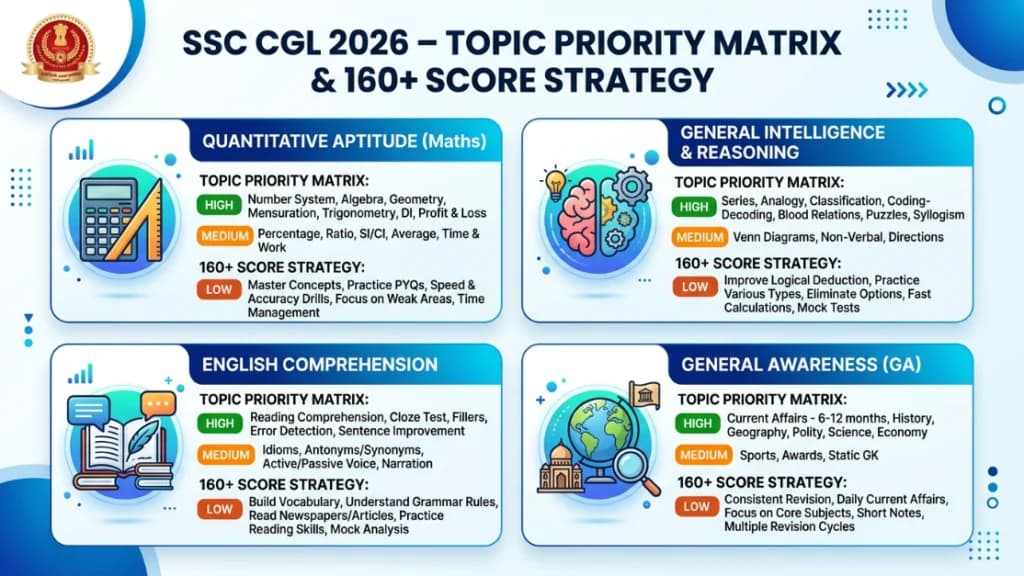 SSC CGL 2026 Topic Wise Weightage Priority Matrix – Maths Reasoning
English GA Important Topics