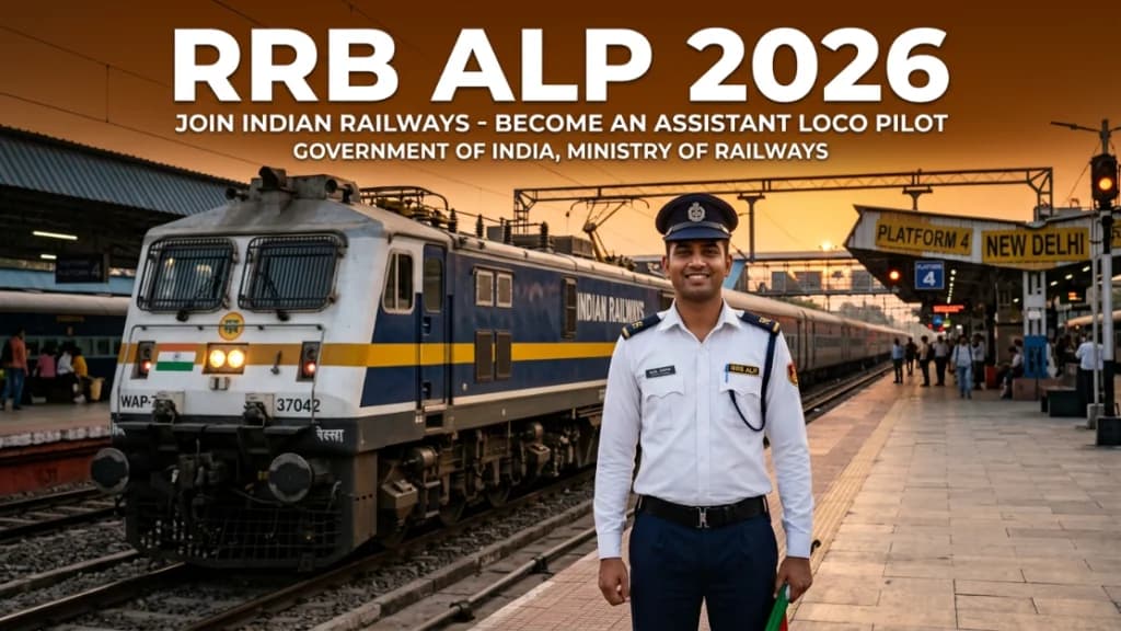 RRB ALP Recruitment 2026 – Young railway officer in uniform standing in front of a locomotive, representing 11127 Assistant Loco Pilot vacancies