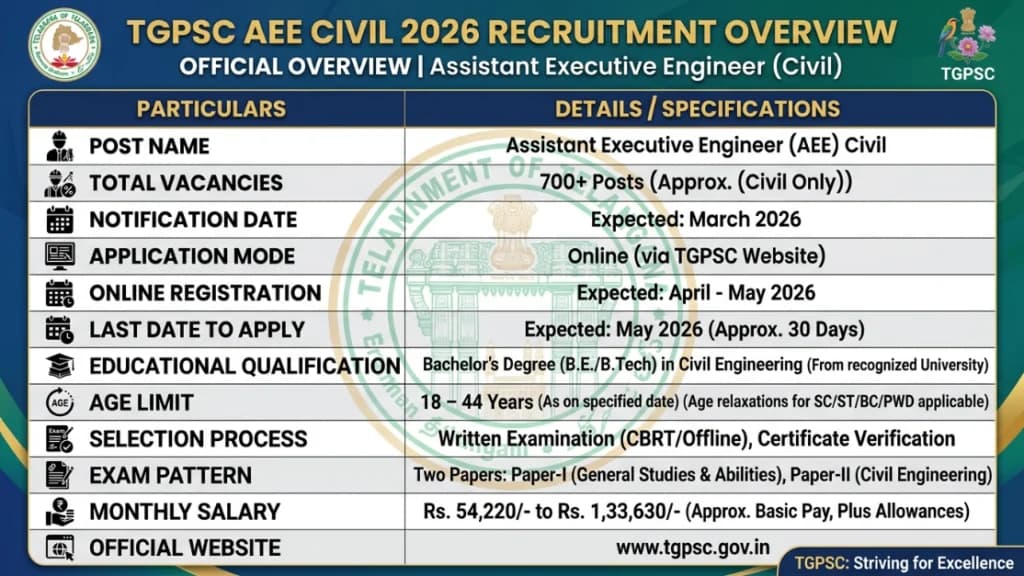 Telangana AEE Civil Recruitment 2026 Overview Table TGPSC